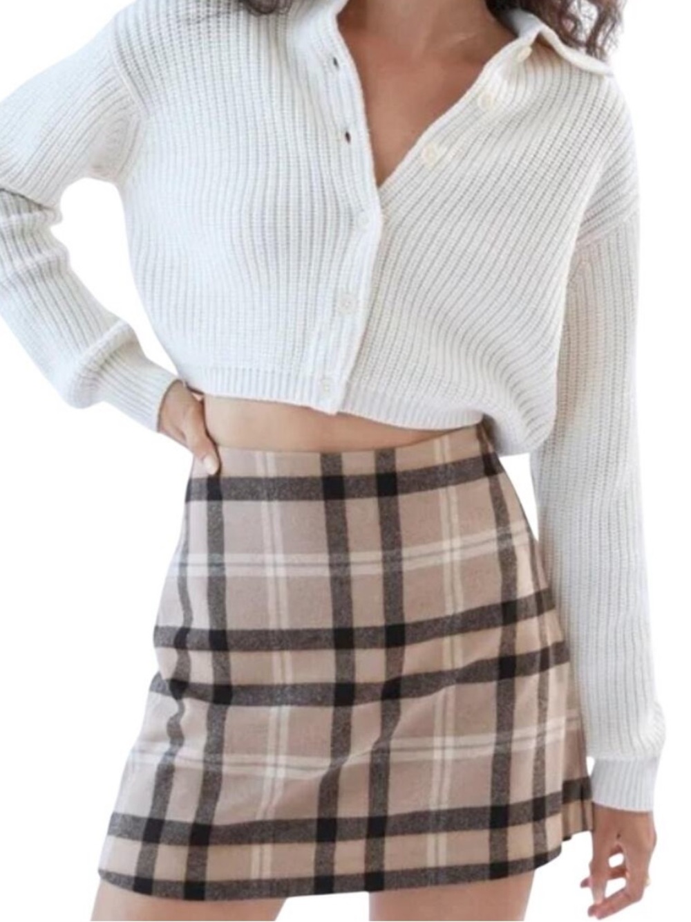Aritzia Wilfred Skirt Mini Plaid Cashmere Wool Preppy Academia Beige Black